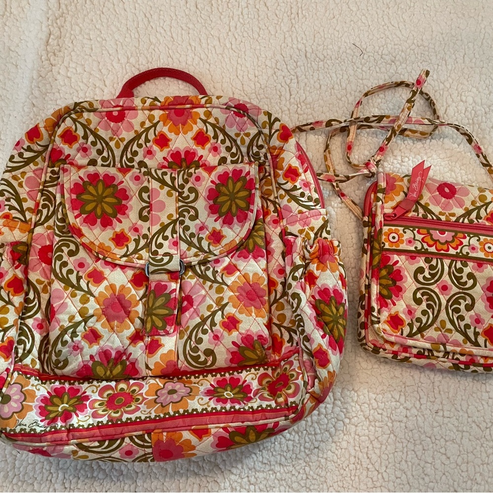 VERA BRADLEY Bundle Folkloric Quilted Campus Backpack + Crossbody | GUC - Picture 2 of 11